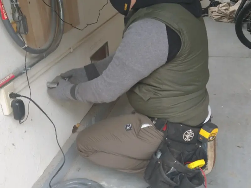 Electrician performing outlet wiring in a Point Pleasant garage